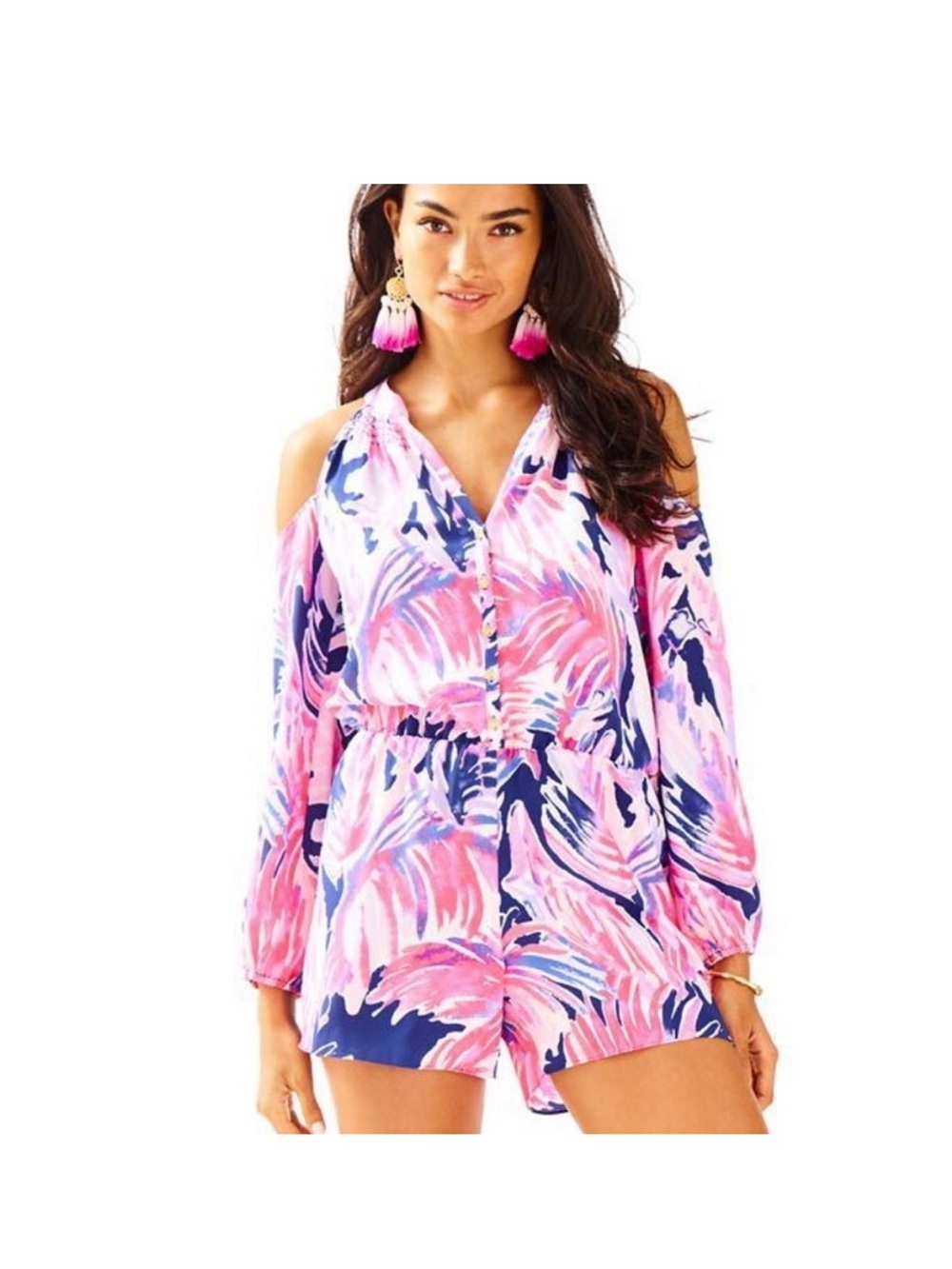 Lilly Pulitzer Pink and blue printed Sunny Shoulder Elsa 100% Silk Romper size M - Picture 3 of 10